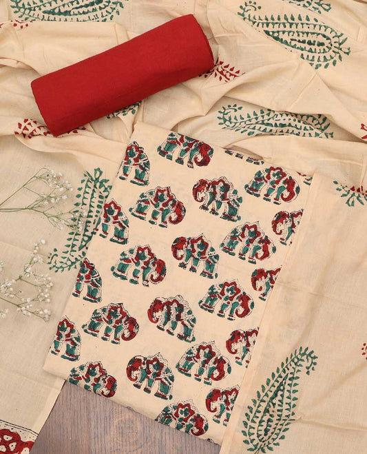 Sandal chudidhar material set, elephant motifs printed top, contrast plain bottom & paisley printed dupatta