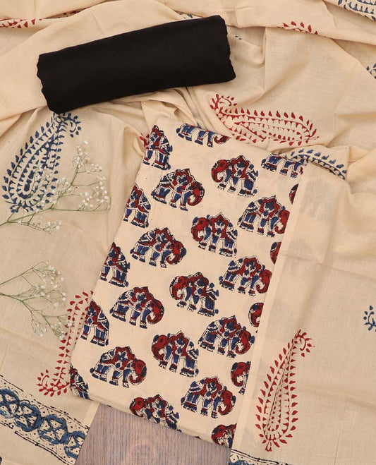 Sandal churidar material set, elephant motifs printed top, contrast plain bottom & paisley printed dupatta
