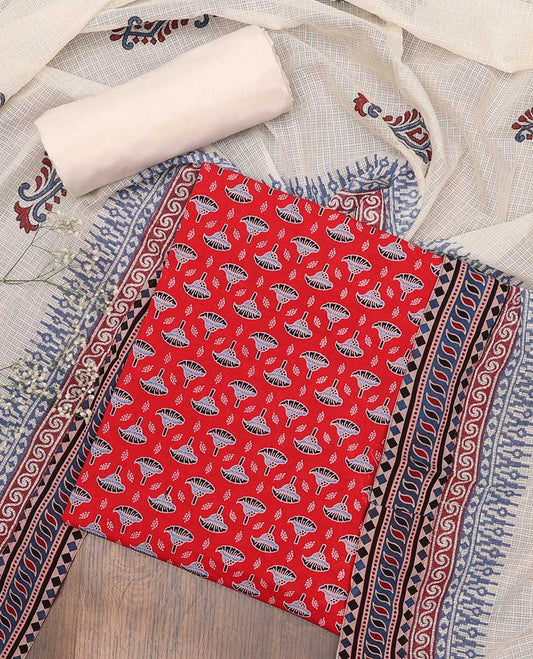 Red chudidhar material set, floral motifs printed top, contrast plain bottom & uniquely printed dupatta