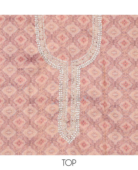 Peach chudidhar material set, jaal print & embroidered top, contrast plain bottom & sequins embroidered dupatta