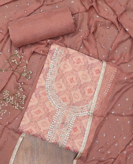 Peach chudidhar material set, jaal print & embroidered top, contrast plain bottom & sequins embroidered dupatta