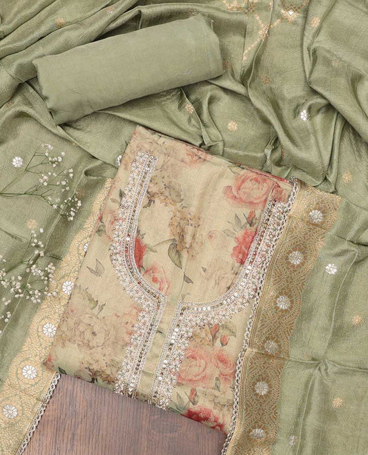 Green chudidhar material set, floral print & embroidered top, plain bottom & zari design dupatta
