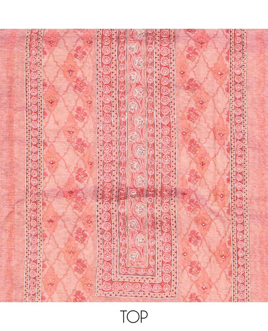 Pink chudidhar material set, geometric print & embroidered top, plain bottom & uniquely printed dupatta