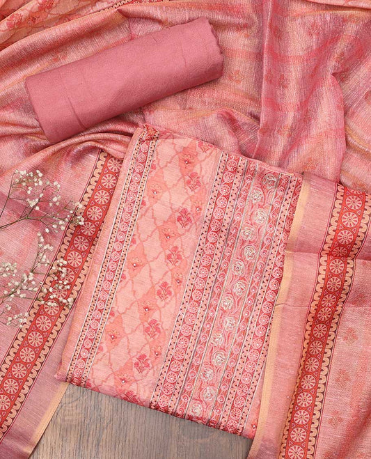 Pink chudidhar material set, geometric print & embroidered top, plain bottom & uniquely printed dupatta