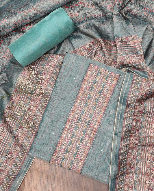 Grey chudidhar material set, Madhubani printed & embroidered top, contrast plain bottom & Madhubani printed dupatta