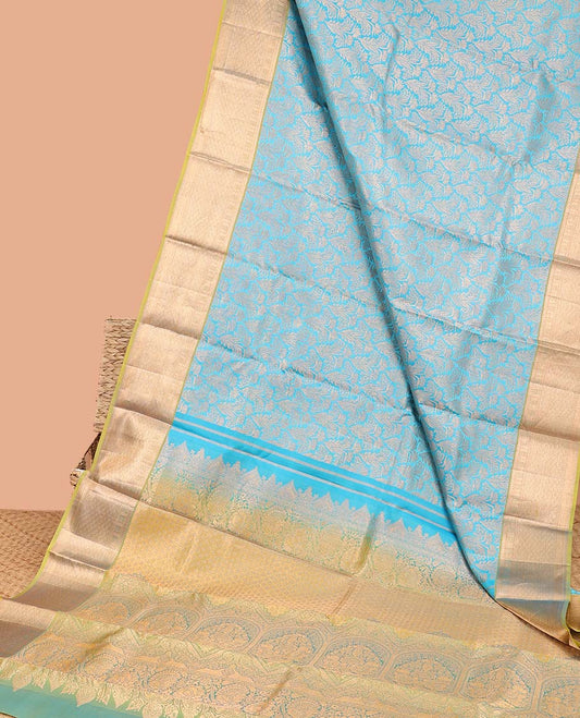 Blue jacquard kancheepuram wedding silksaree, contrast intricate pallu & border of rekku,kathir & jaal designs