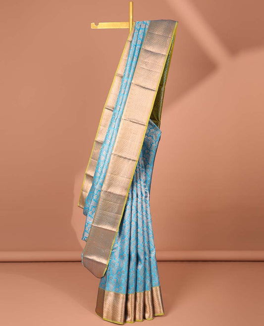 Blue jacquard kancheepuram wedding silksaree, contrast intricate pallu & border of rekku,kathir & jaal designs