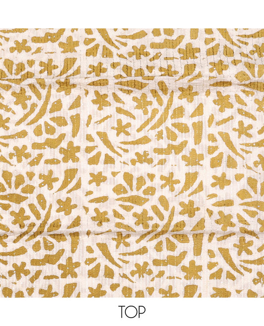 Mustard chudidhar material set, batik printed & sequins work top, contrast plain bottom & batik printed dupatta