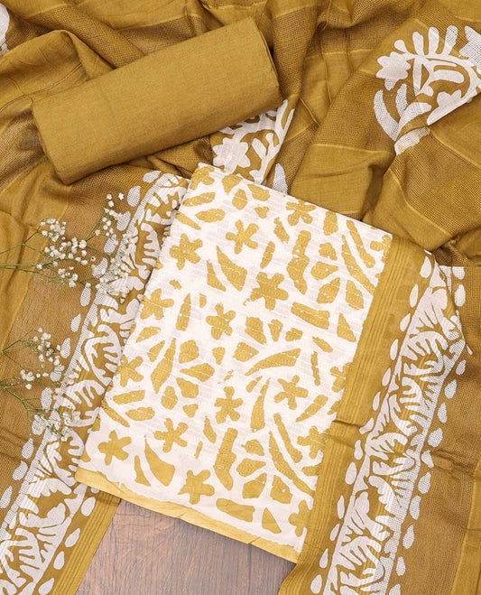 Mustard chudidhar material set, batik printed & sequins work top, contrast plain bottom & batik printed dupatta