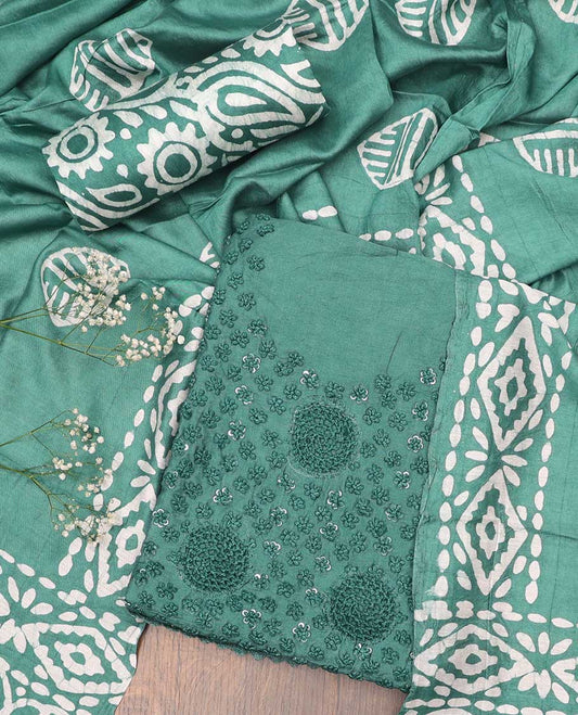 Blue chudidhar material set, embroidered top, batik printed bottom & batik printed dupatta
