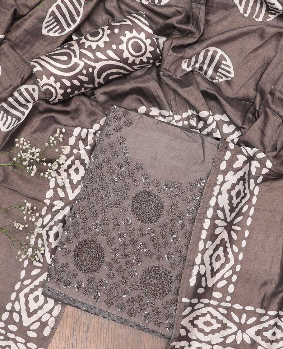 Grey chudidhar material set, embroidered top, batik printed bottom & batik printed dupatta