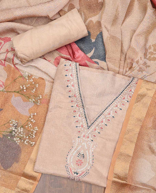 Sandal chudidhar material set, v-neck embroidered top, plain bottom & floral printed dupatta
