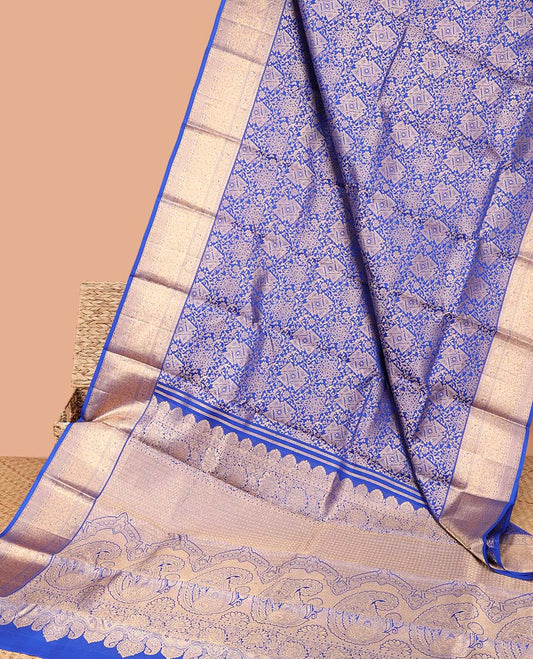 Blue jacquard Kancheepuram wedding silksaree, intricate pallu & border of thilakam mokku,kuyil kann,mayil & chakram