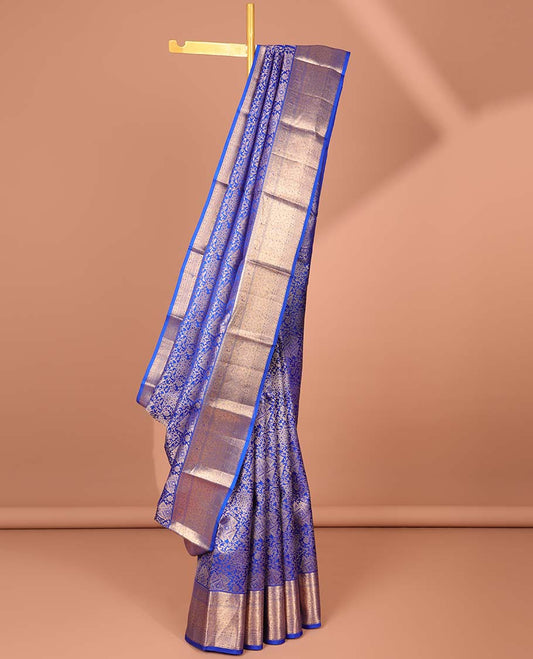 Blue jacquard Kancheepuram wedding silksaree, intricate pallu & border of thilakam mokku,kuyil kann,mayil & chakram