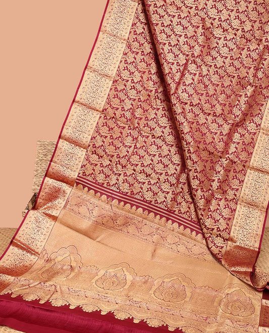 Maroon floral jacquard kancheepuram wedding silksaree, intricate pallu & border of floral & paisley designs