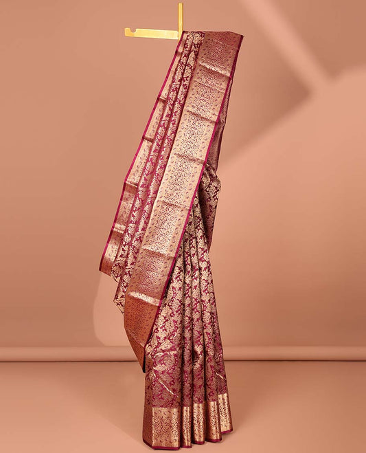 Maroon floral jacquard kancheepuram wedding silksaree, intricate pallu & border of floral & paisley designs