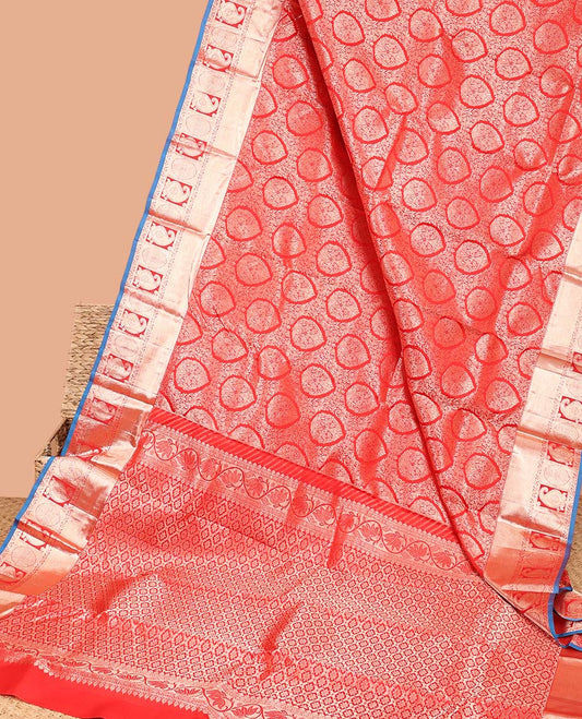 Red jacquard Kancheepuram wedding silk saree, jaal pallu & border of poun, manga & rekku designs
