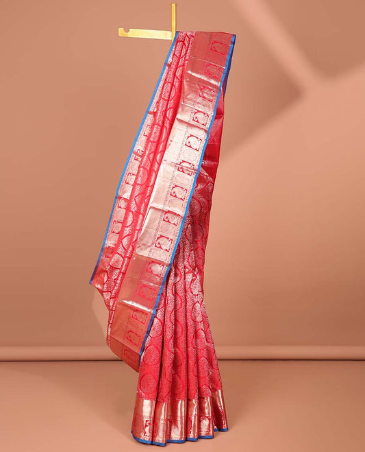 Red jacquard Kancheepuram wedding silk saree, jaal pallu & border of poun, manga & rekku designs