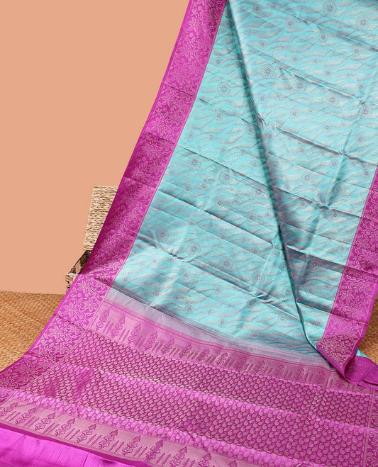 Blue jacquard kanchipuram wedding silk saree, contrast floral design border & manga motifs steeped pallu