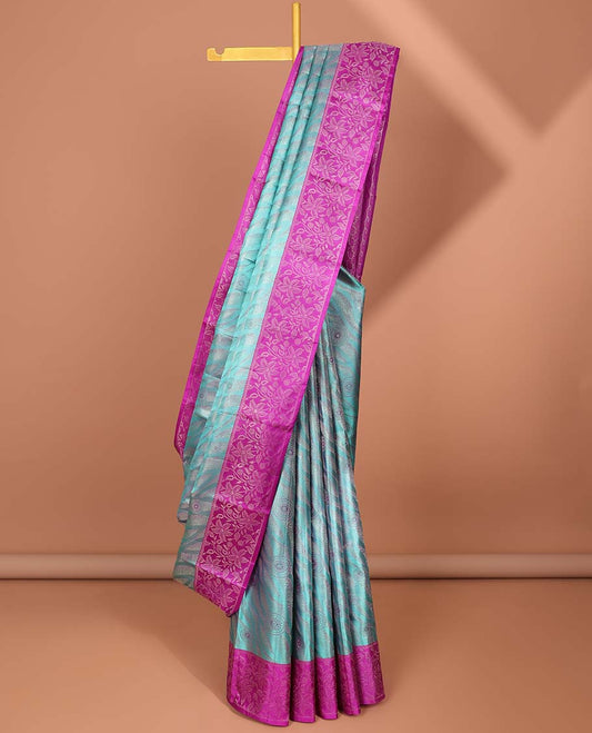Blue jacquard kanchipuram wedding silk saree, contrast floral design border & manga motifs steeped pallu