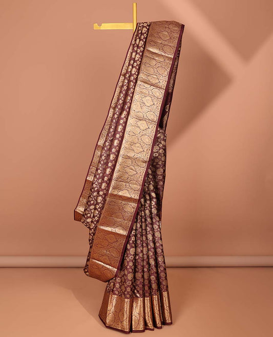 Maroon jacquard Kanchipuram wedding silk saree, intricate paisley steeped border & zari accentuated pallu
