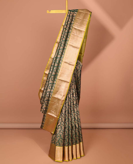 Green jacquard Kanchipuram wedding silk saree, contrast traditional design border & intricate pallu