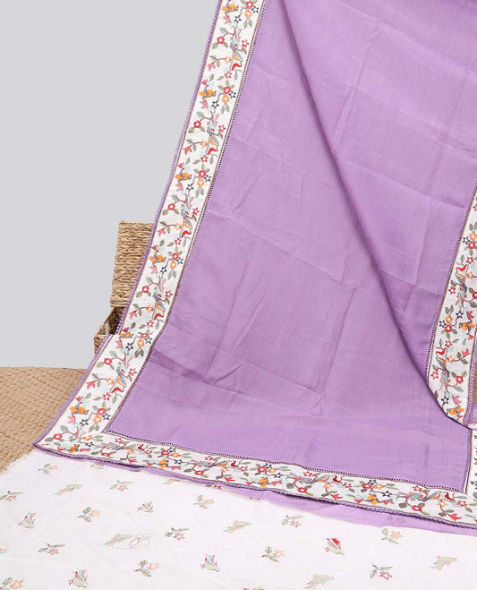Violet plain design crushed tissue saree, contrast floral & bird design border & pallu
