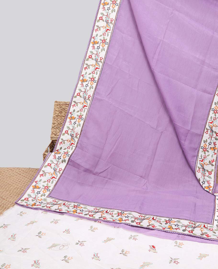Violet plain design crushed tissue saree, contrast floral & bird design border & pallu