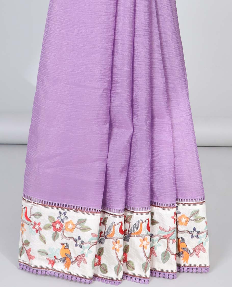Violet plain design crushed tissue saree, contrast floral & bird design border & pallu