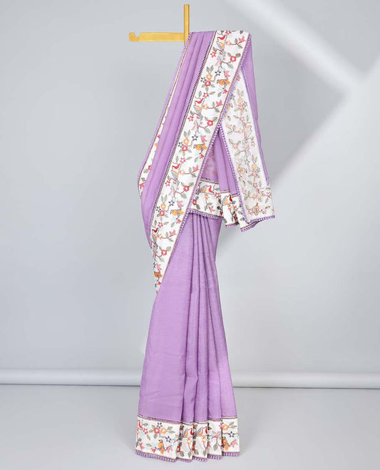 Violet plain design crushed tissue saree, contrast floral & bird design border & pallu