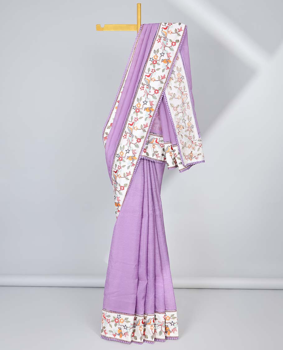 Violet plain design crushed tissue saree, contrast floral & bird design border & pallu