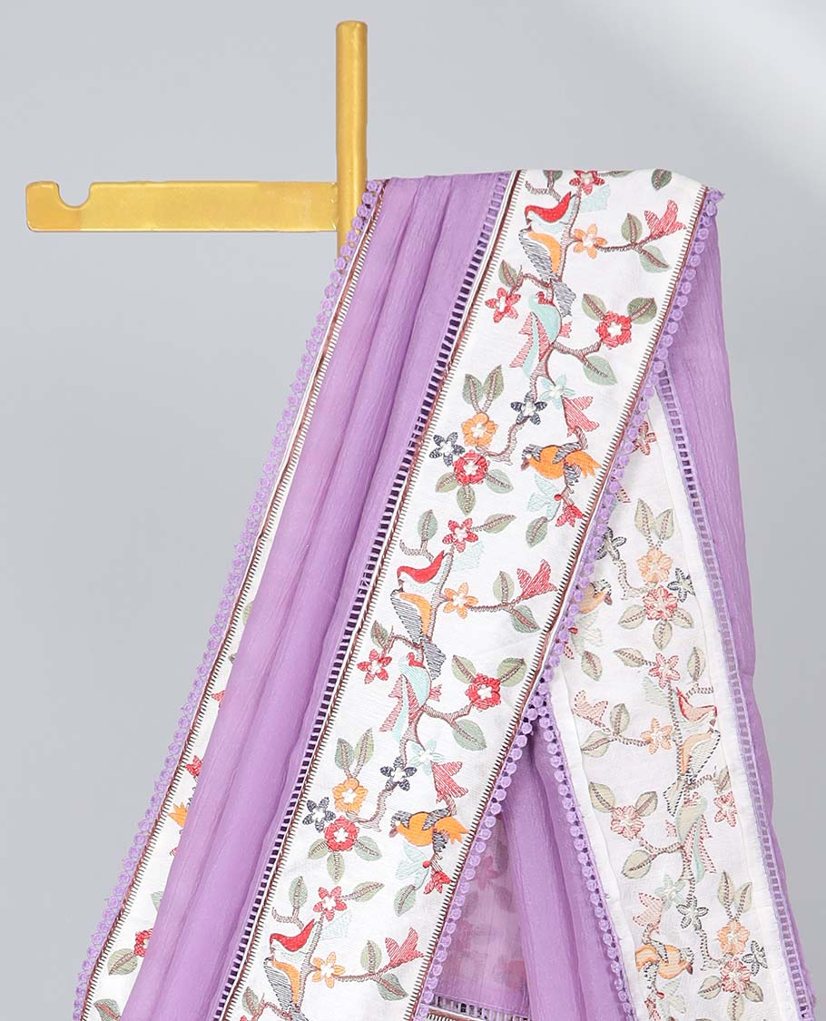 Violet plain design crushed tissue saree, contrast floral & bird design border & pallu