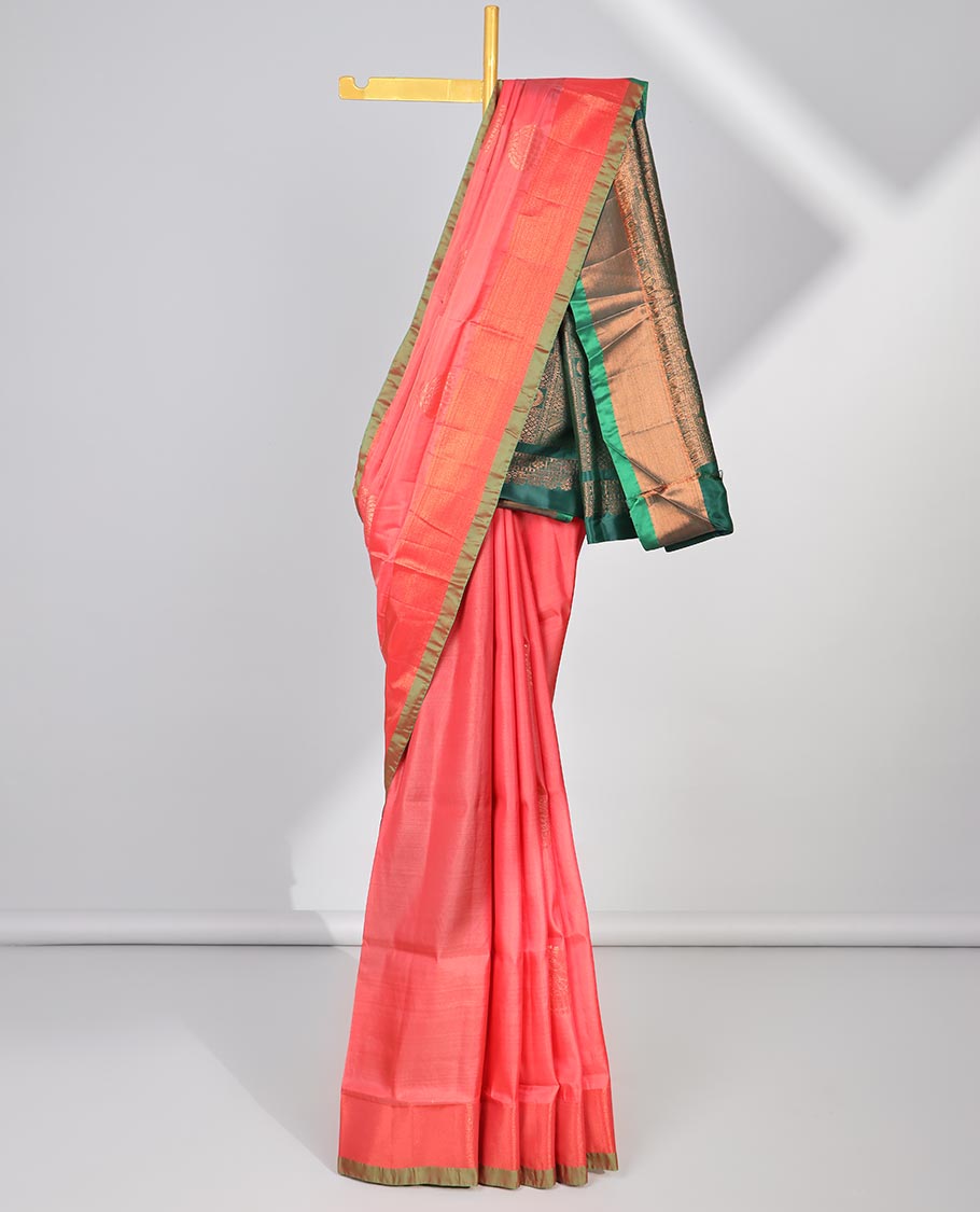 Pink uppada saree with zari buttas, plain border & contrast pallu features traditional kanchi motifs