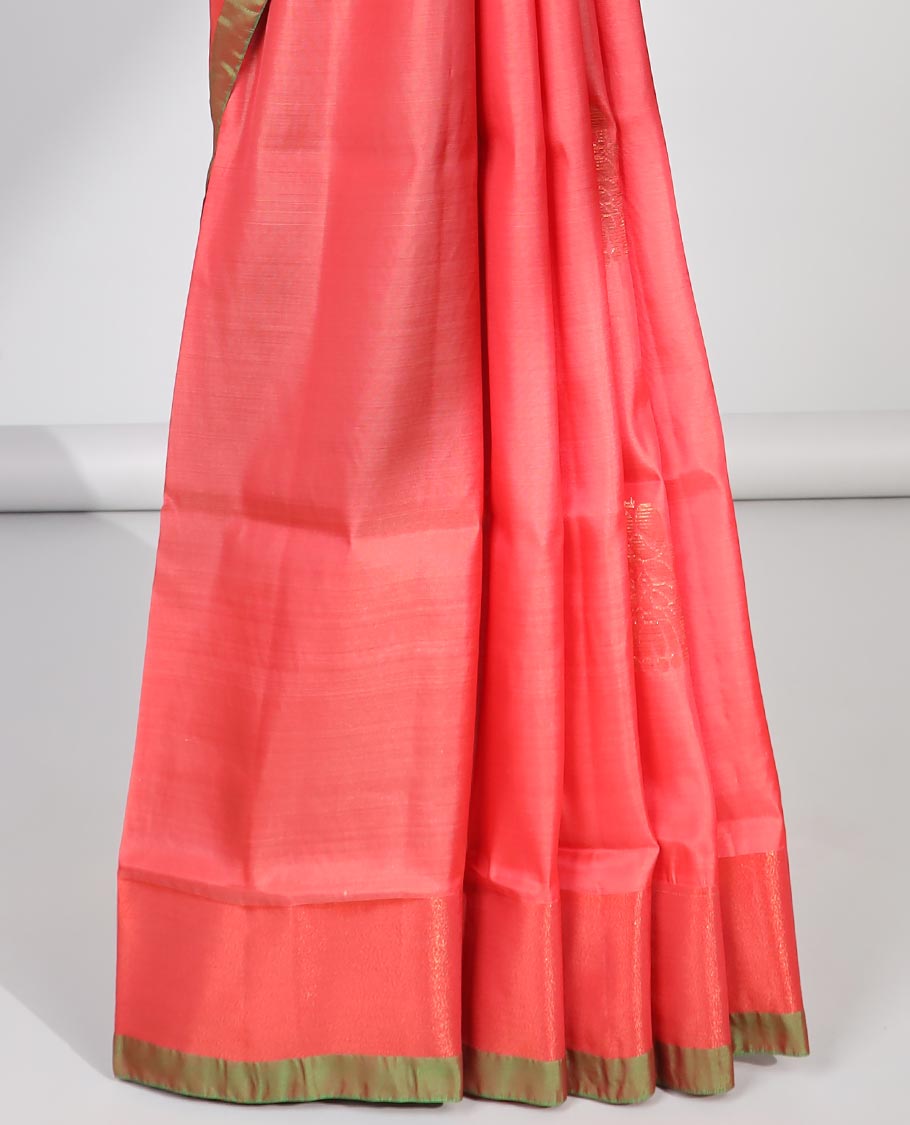 Pink uppada saree with zari buttas, plain border & contrast pallu features traditional kanchi motifs
