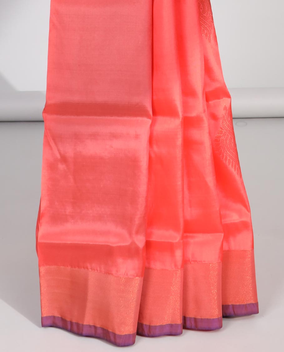 Peach zari buttas uppada saree, contrast plain border & floral design steeped pallu