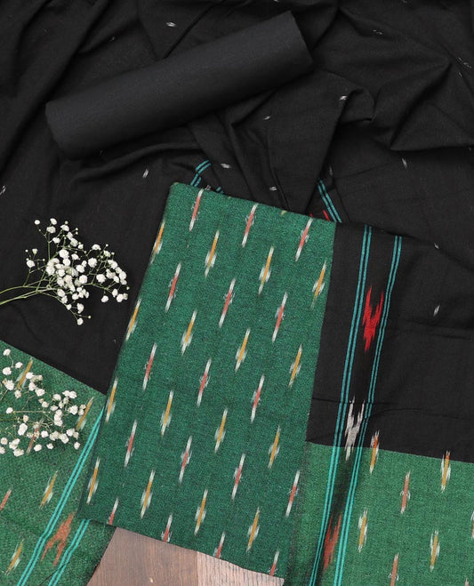 Green material chudidhar set, ikkat buttas cotton top, contrast plain bottom & ikkat butta dupatta 