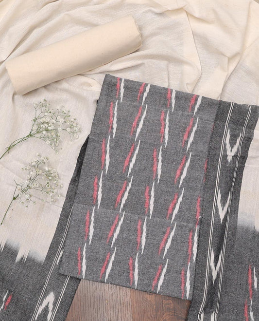 Grey material chudidhar set, ikkat buttas cotton top, contrast plain bottom & ikkat design dupatta