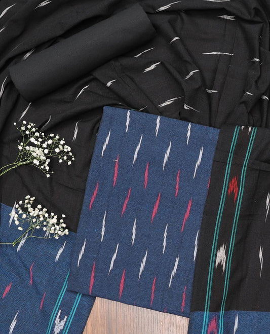 Blue material chudidhar set, ikkat butta cotton top, contrast plain bottom & ikkat design dupatta