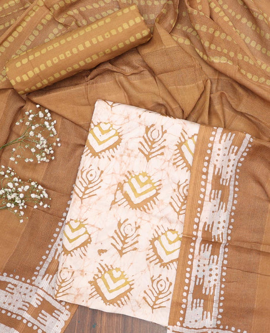 Cream material chudidhar set, batik printed cotton top, contrast printed bottom & batik printed dupatta