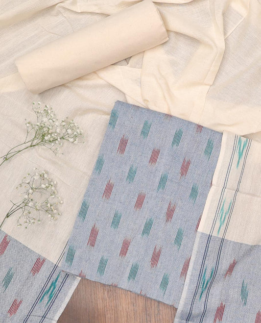 Blue material chudidhar set, contrast plain bottom & ikkat printed dupatta