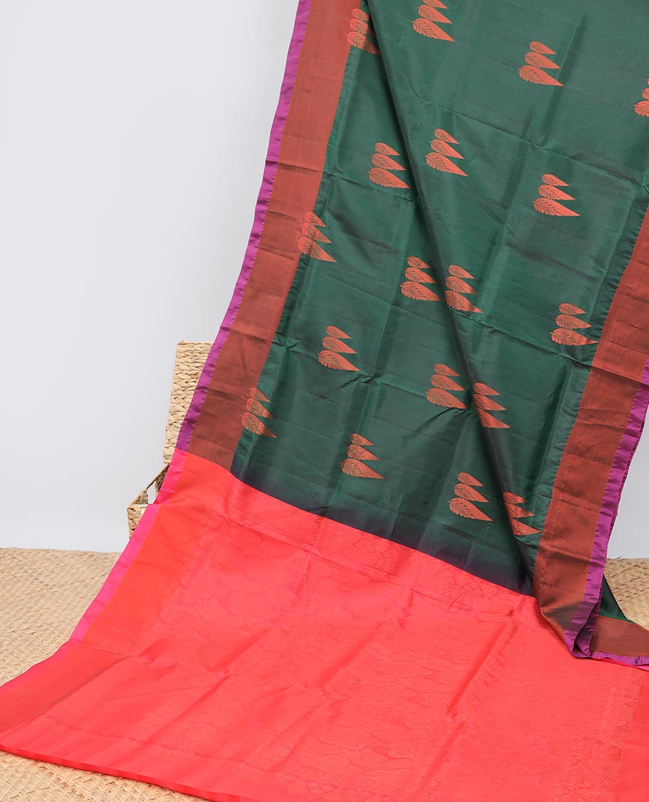 Green zari buttas uppada saree, contrast plain border & intricate pallu