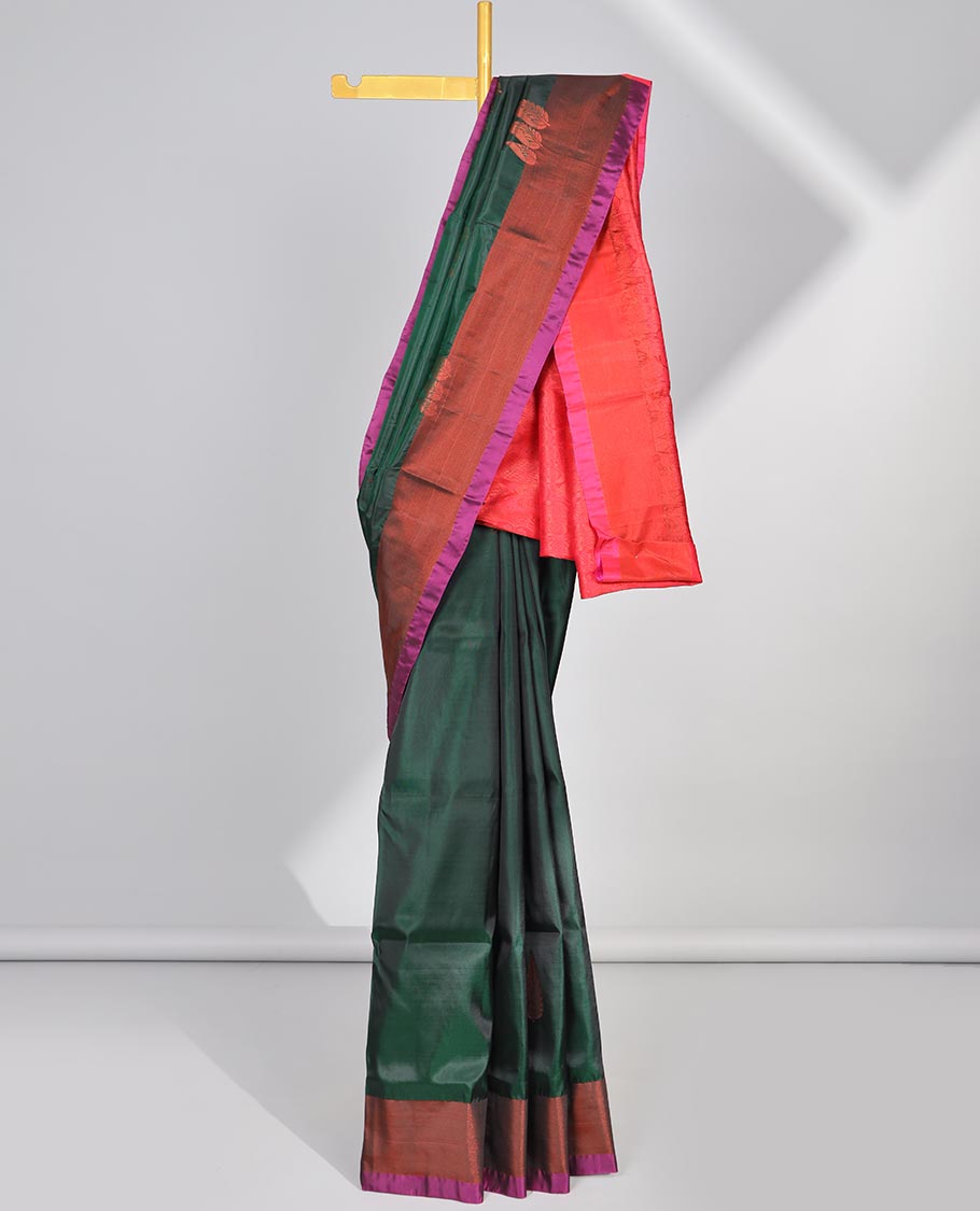 Green zari buttas uppada saree, contrast plain border & intricate pallu