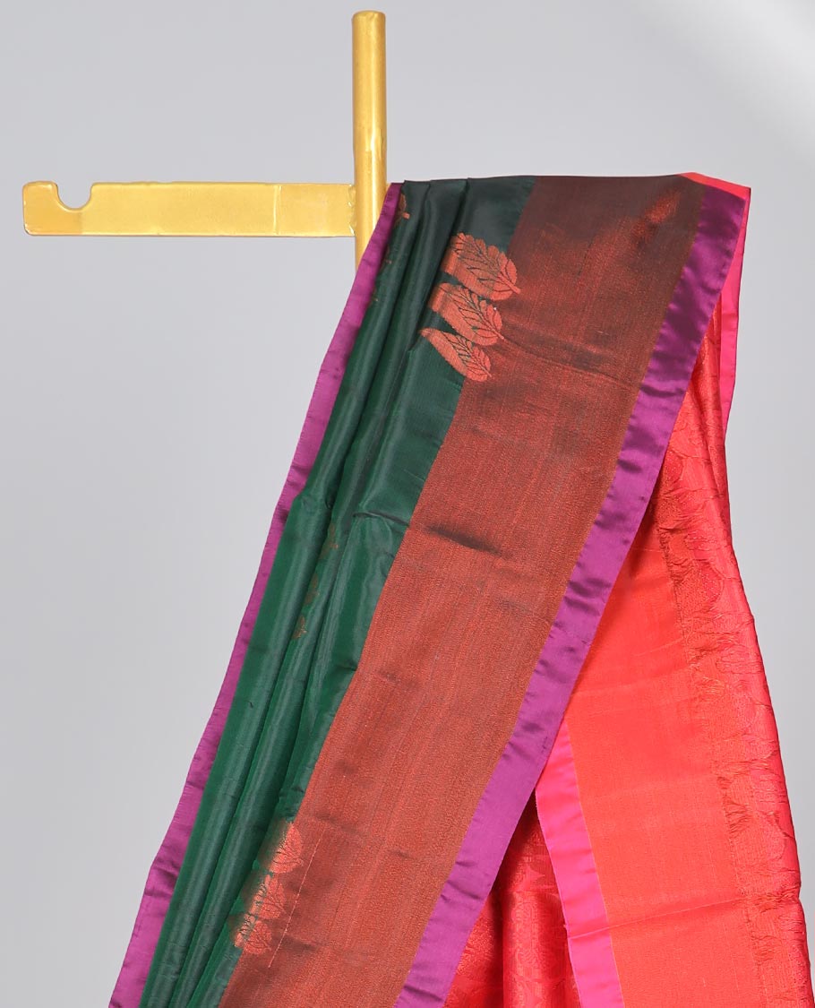 Green zari buttas uppada saree, contrast plain border & intricate pallu