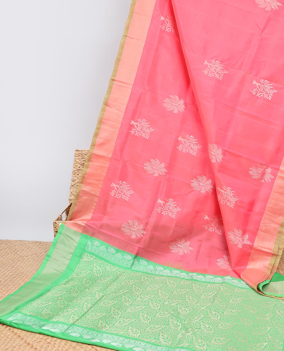 Pink zari buttas uppada saree, contrast plain border & intricate design pallu
