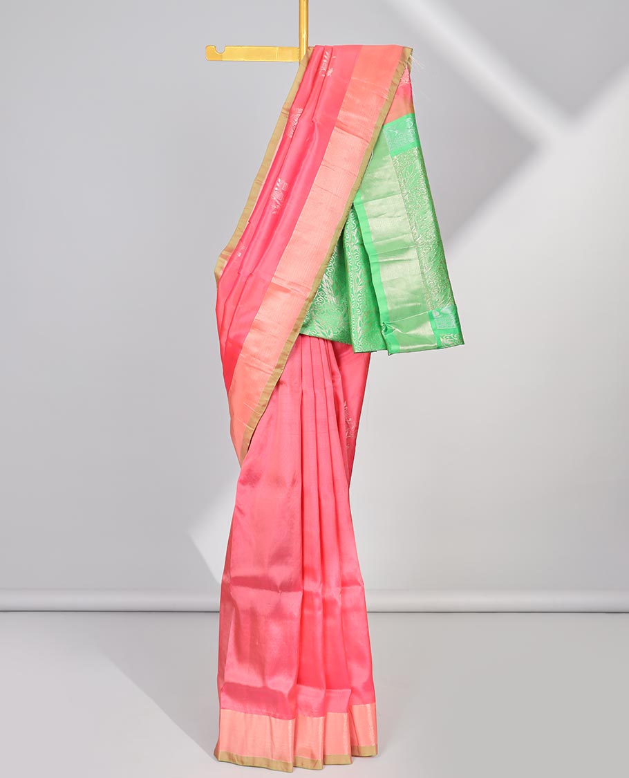 Pink zari buttas uppada saree, contrast plain border & intricate design pallu