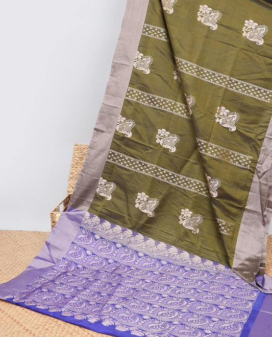 Green zari design uppada saree, contrast plain border & pallu steeped with paisley designs