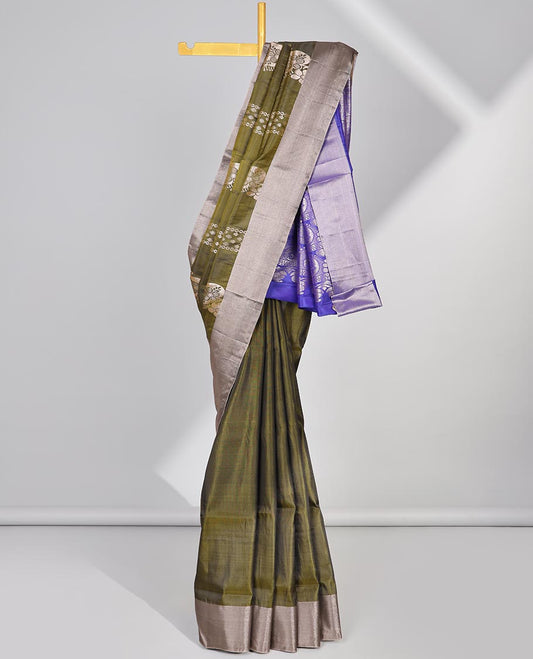 Green zari design uppada saree, contrast plain border & pallu steeped with paisley designs
