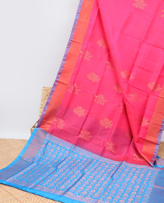 Pink zari buttas uppada saree, contrast plain border & pallu of intricate designs