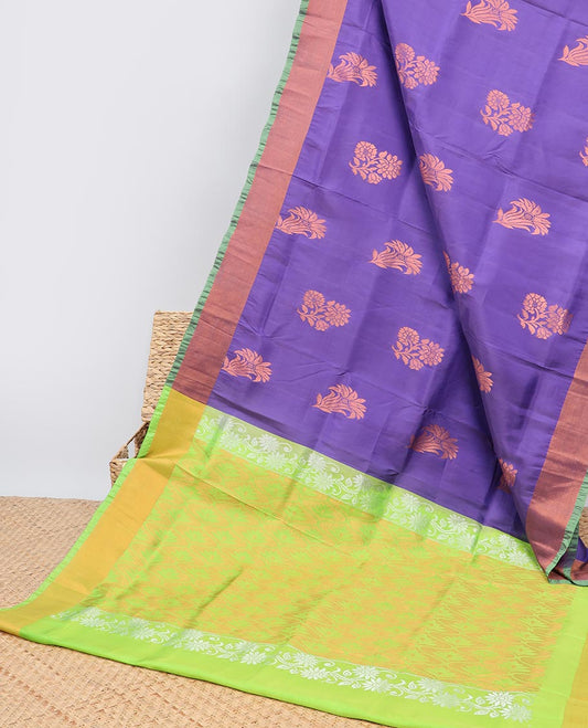 Violet uppada saree with buttas, contrast plain border & pallu of floral & ogee patterns