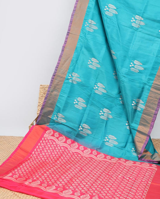 Blue zari buttas uppada saree, contrast plain border & pallu of intricate designs